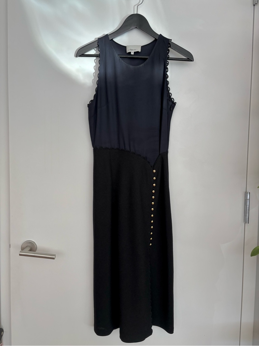 3.1 Phillip Lim Navy and Black Sleeveless Midi Dress with Gold Buttons